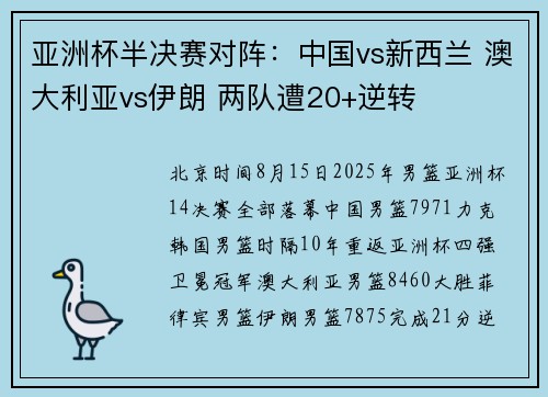 亚洲杯半决赛对阵:中国vs新西兰 澳大利亚vs伊朗 两队遭20+逆转